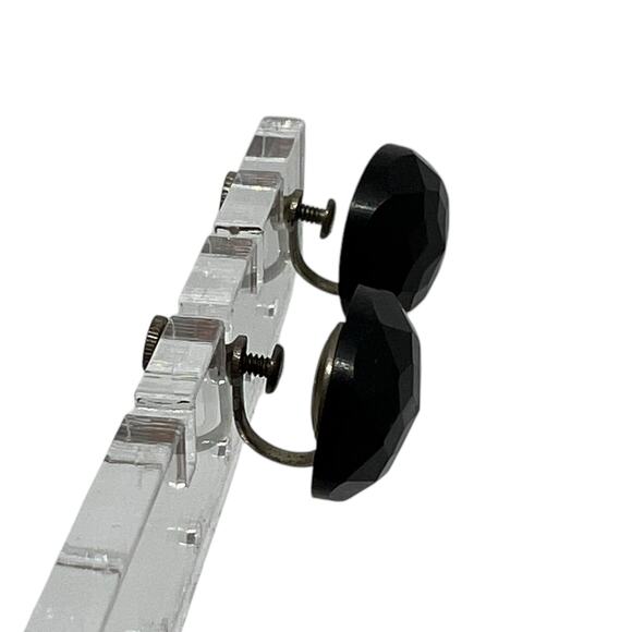 Vintage Black Faceted Glass Button Earrings Screw Back Silver Tone Mid Century - Picture 9 of 11